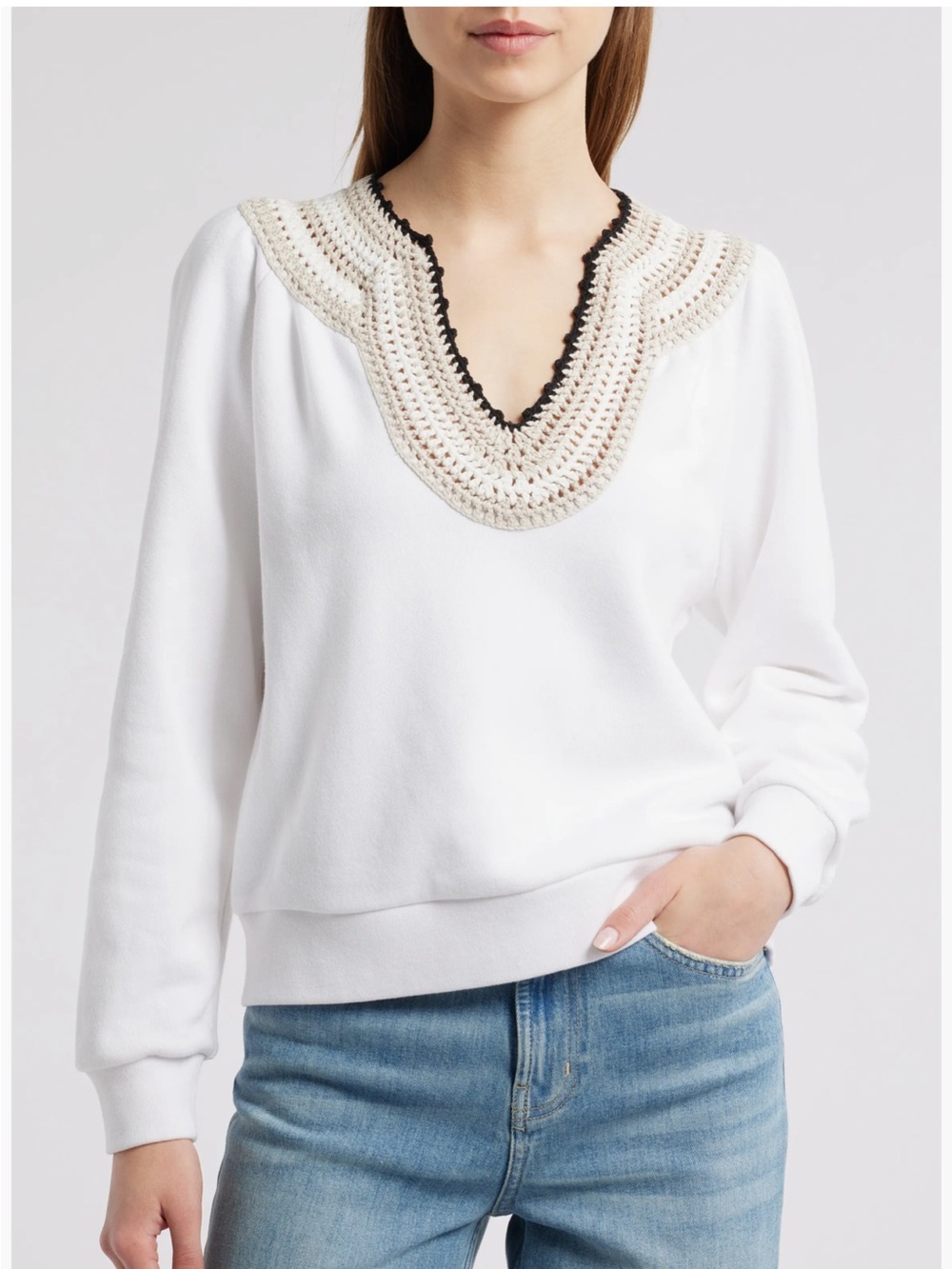 Rails White Pullover Sweatshirt with Crocheted V-Neck Detail